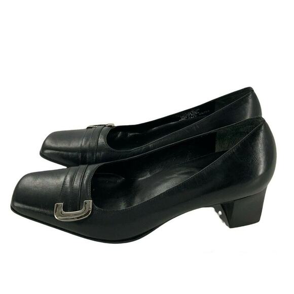Etienne Aigner Shoes Womens Size 8 Round Toe Leather Slip on Black Heels Pumps - Picture 1 of 8